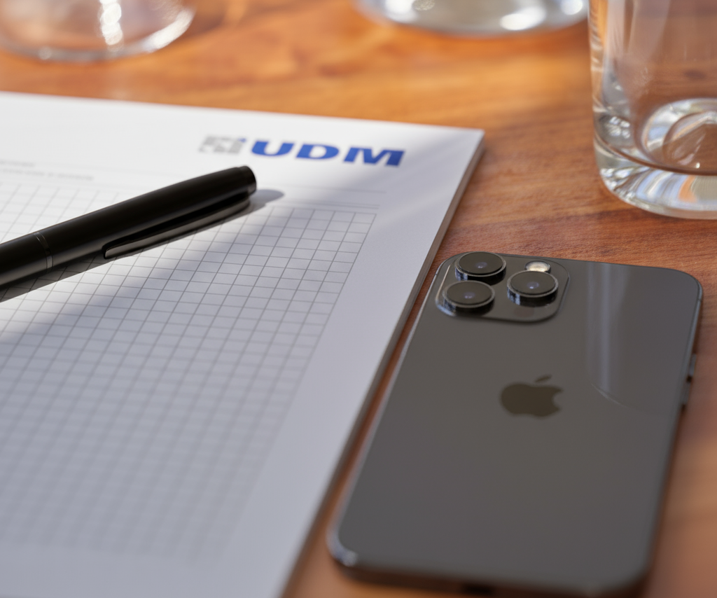 Schwarzes Smartphone, Kugelschreiber und Blatt Papier auf einem Holztisch.